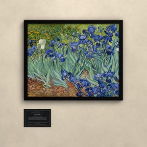 May include: A framed print of Vincent van Gogh's Irises painting, featuring vibrant blue flowers and green foliage. Below the artwork is a small black plaque with white text that reads: Vincent van Gogh, Irises, 1890, Oil on canvas.
