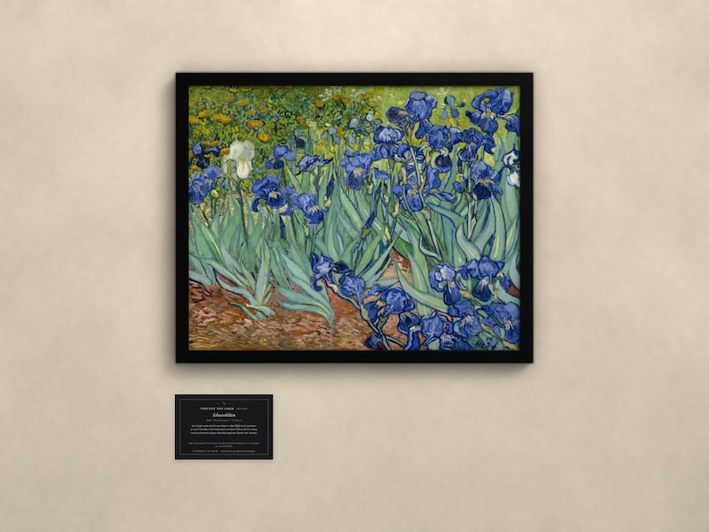 May include: A framed print of Vincent van Gogh's Irises painting, featuring vibrant blue flowers and green foliage. Below the artwork is a small black plaque with white text that reads: Vincent van Gogh, Irises, 1890, Oil on canvas.