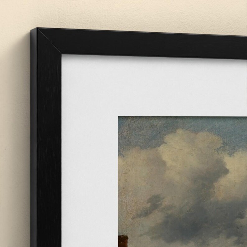 May include: A framed wall art piece featuring a painting of a cloudy sky with shades of blue, gray, and white. The artwork is enclosed in a simple black frame with a wide white mat border, creating a clean and structured presentation for the print.