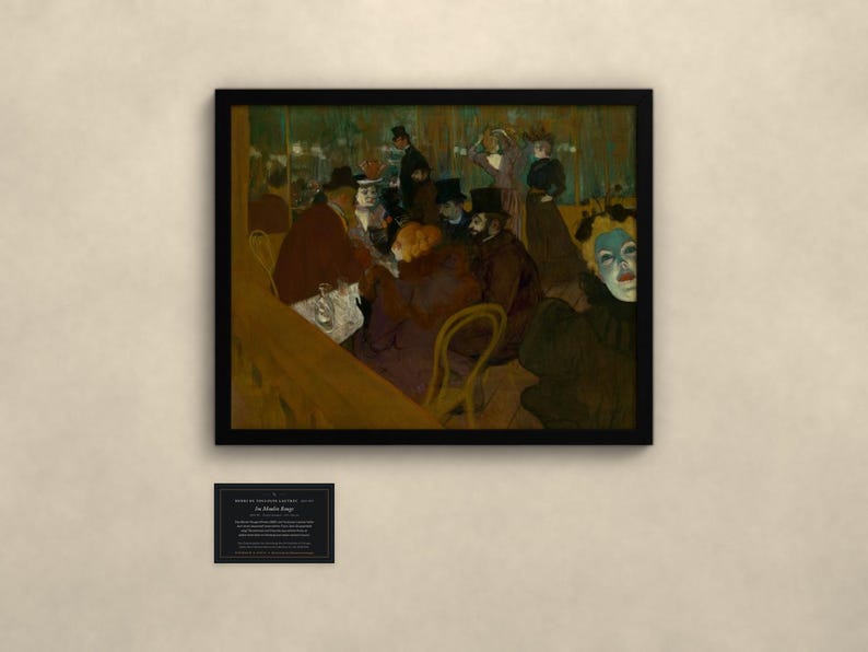 May include: A framed art print of a painting depicting a group of people in a dimly lit interior setting, featuring figures in dark clothing and hats, with a prominent face in the foreground. Below the frame is a small black informational plaque.