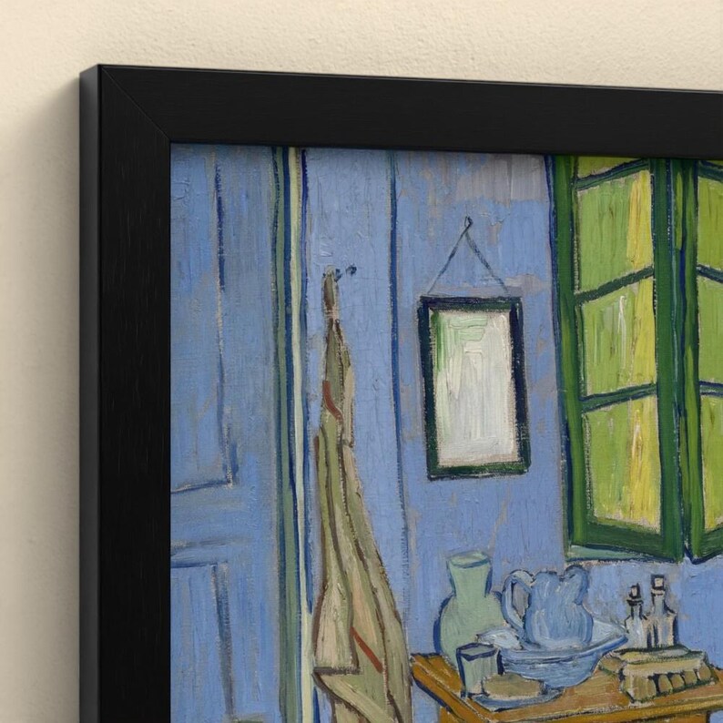 May include: A framed print of a painting featuring a blue interior room with a green window, a hanging cloth, a small framed picture on the wall, and a wooden table holding a blue pitcher, a bowl, and small glass bottles.