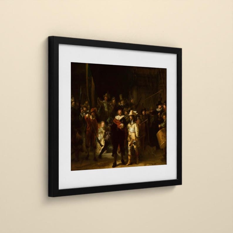 May include: A framed art print of Rembrandt's The Night Watch, featuring a group of figures in 17th-century attire, including a central captain in black and a lieutenant in yellow, set against a dark, shadowed background.