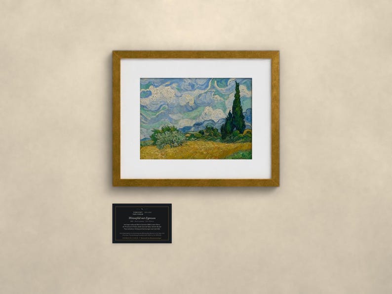 May include: A framed print of Vincent van Gogh's Wheat Field with Cypresses, featuring a golden wheat field, dark green cypress trees, and a swirling blue sky. Below the frame is a small black rectangular plaque with white text.