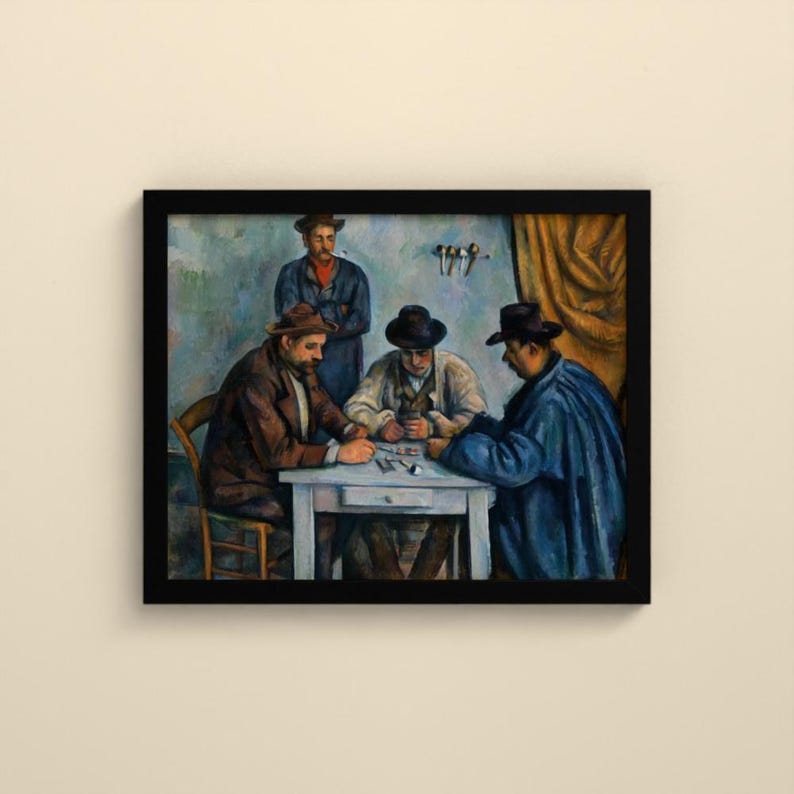 May include: A framed oil painting depicting four individuals gathered around a white table. Three figures are seated wearing hats and dark coats, while a fourth figure stands behind them. The scene features muted blue and brown tones.