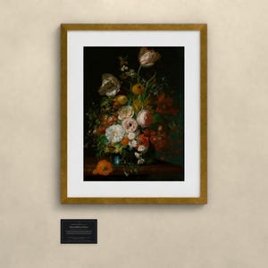 Blumenstillleben in Glasvase - Rachel Ruysch | Gerahmter Kunstdruck 55,9x71,1 cm mit Passepartout, Gold oder Schwarz, Perspex