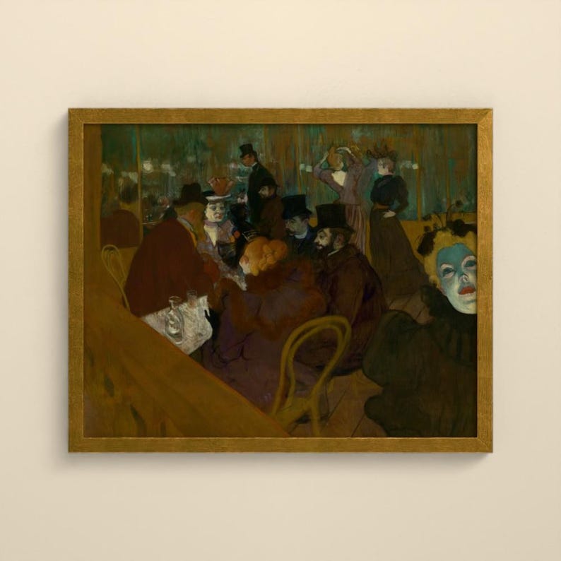 May include: A framed oil painting depicting a dimly lit interior scene with several figures in dark clothing and top hats gathered around tables. A prominent figure with a pale, blue-tinted face and dark hair is positioned in the foreground.