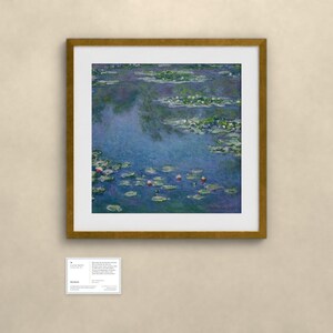 Puede incluir: Una impresi&oacute;n enmarcada del cuadro Nen&uacute;fares de Claude Monet, con agua azul, hojas de nen&uacute;far verdes y flores rosas. Debajo de la obra hay una peque&ntilde;a placa informativa blanca con texto negro que detalla la pieza y al artista.