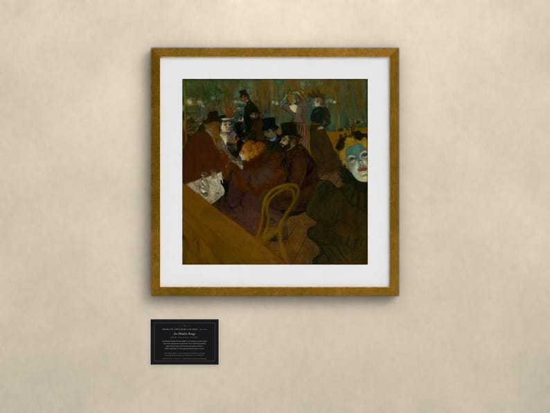 May include: A framed art print featuring a dark, moody painting of a crowded cafe scene with figures in hats and a prominent pale-faced individual in the foreground. Below the frame is a small black plaque with white text detailing the artwork.