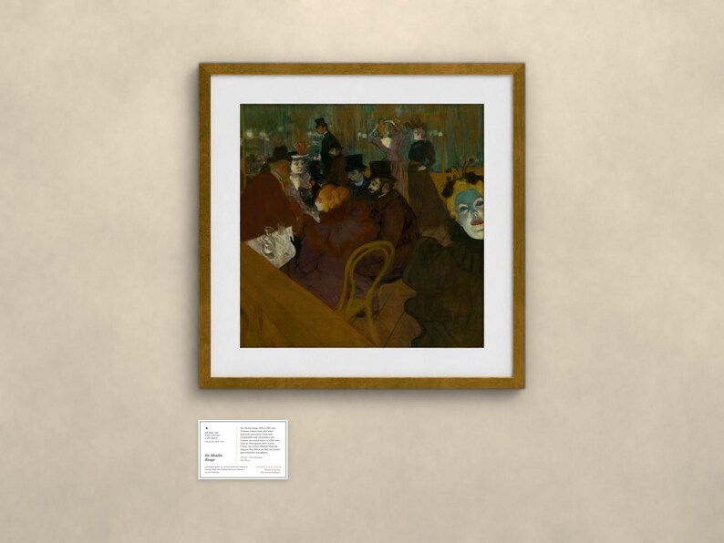 May include: A framed print of the painting At the Moulin Rouge by Henri de Toulouse-Lautrec, featuring a group of people in a dimly lit interior with a prominent figure in the foreground wearing a blue-tinted mask and dark clothing.