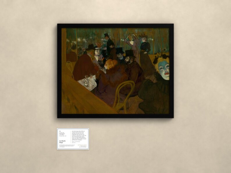 May include: A framed print of the painting At the Moulin Rouge by Henri de Toulouse-Lautrec, depicting a group of people in a dimly lit interior with a prominent figure in the foreground wearing white face makeup and a dark hat.