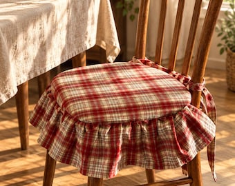 Coussin de chaise à carreaux à volants, galette de chaise en coton avec attaches, housse amovible, forme en fer à cheval, 43 x 45 cm, jupe de 20 cm, style cottagecore