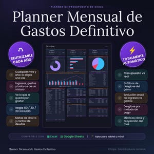 Puede incluir: Una hoja de cálculo digital de planificación de gastos mensuales para Excel y Google Sheets. La interfaz presenta un tema oscuro con gráficos y tablas financieras. El texto incluye 'Planner Mensual de Gastos Definitivo', 'REUTILIZABLE CADA AÑO' y 'TOTALMENTE AUTOMÁTICO'.