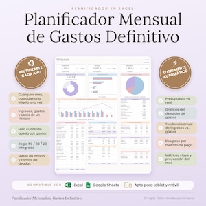 Puede incluir: Una plantilla digital de planificador mensual de gastos para Excel y Google Sheets. La interfaz muestra datos financieros, incluyendo ingresos, gastos y saldo, con gráficos y tablas. Texto: Planificador Mensual de Gastos Definitivo.