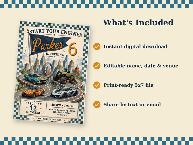 Editable Canva Race Car Birthday Invitation, Vintage Racing 6th ...