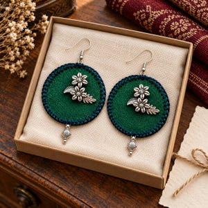 Handmade Tibetan Fabric Earrings, Forest Green Statement Dangles with Silver-Tone Floral Detail