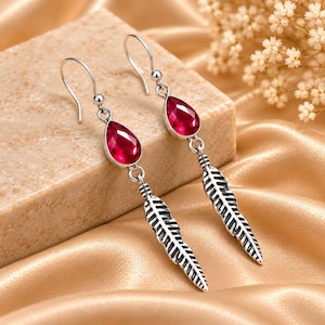 Ruby Red Gemstone Feather Earrings: Sterling Silver Dangle Boho Jewelry