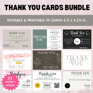 Könnte beinhalten: Ein digitales Set aus 23 bearbeitbaren und druckbaren Dankeskarten mit den Maßen 13,97 x 10,8 cm. Die Sammlung enthält verschiedene Designs mit Texten wie Thank You, Merry Christmas sowie Social-Media-Symbolen auf Hintergründen.
