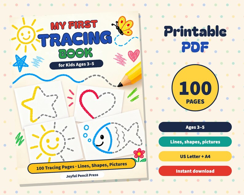 Printable Tracing Worksheets for Kids Ages 3-5, 100 Pen Control Pages, Lines Shapes Pictures to Trace, Preschool Tracing Book PDF, Letter A4 image 1