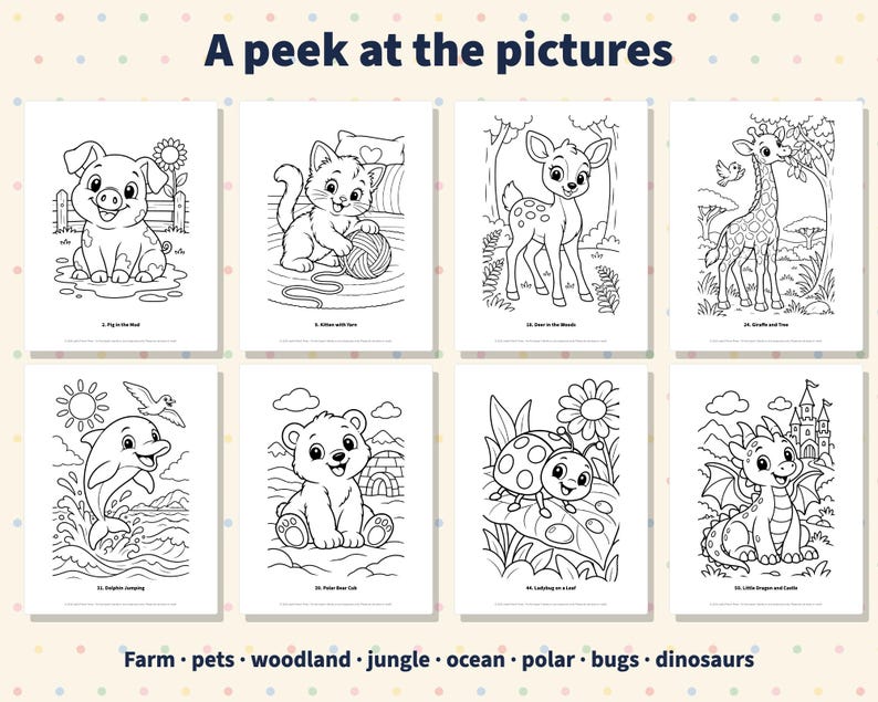 50 Animal Coloring Pages for Kids Ages 4-8, Farm Jungle Ocean Dinosaur Scenes (PDF) image 2