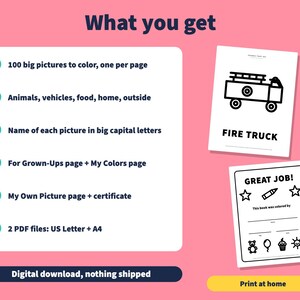 Pode incluir: Um conjunto de livro de colorir digital com 100 p&aacute;ginas com temas de animais, ve&iacute;culos, comida e casa. Inclui uma p&aacute;gina de caminh&atilde;o de bombeiros, uma p&aacute;gina de certificado Great Job e arquivos nos tamanhos US Letter e A4.