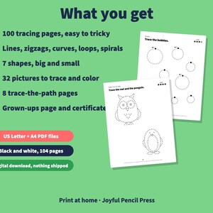 May include: A digital download set of 104 black and white tracing pages including lines, shapes, and pictures like an owl and penguin. The text includes What you get, 100 tracing pages, 7 shapes, 32 pictures, 8 trace-the-path pages, and US Letter + A4 PDF files.