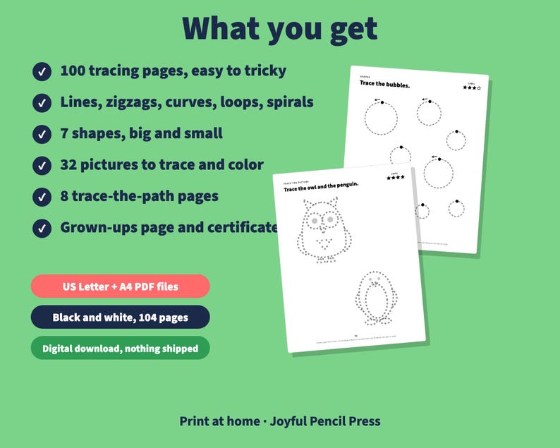 May include: A digital download set of 104 black and white tracing pages including lines, shapes, and pictures like an owl and penguin. The text includes What you get, 100 tracing pages, 7 shapes, 32 pictures, 8 trace-the-path pages, and US Letter + A4 PDF files.