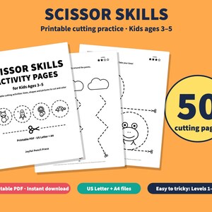 Puede incluir: P&aacute;ginas de actividades Scissor Skills para ni&ntilde;os de 3 a 5 a&ntilde;os, un conjunto PDF imprimible de 50 p&aacute;ginas de corte con l&iacute;neas, formas y dibujos de gato, cohete, flor y tortuga. Incluye archivos en formato US Letter y A4.