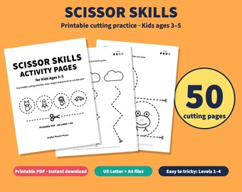 Printable Scissor Skills for Kids Ages 3-5, 50 Cutting Practice Worksheets, Preschool Cut and Color Activity Pages, Lines Shapes Pictures