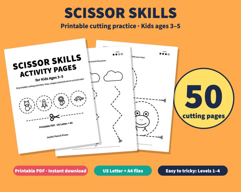 Puede incluir: P&aacute;ginas de actividades Scissor Skills para ni&ntilde;os de 3 a 5 a&ntilde;os, un conjunto PDF imprimible de 50 p&aacute;ginas de corte con l&iacute;neas, formas y dibujos de gato, cohete, flor y tortuga. Incluye archivos en formato US Letter y A4.