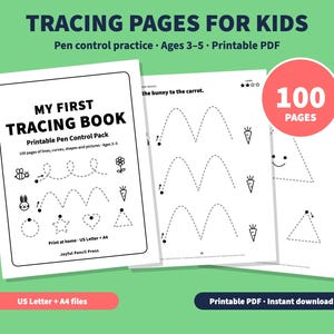 May include: A set of 100 printable tracing pages for kids titled My First Tracing Book. The pages feature pen control practice with lines, curves, shapes, and pictures of a bee, flower, bunny, and carrot. Includes US Letter and A4 files.