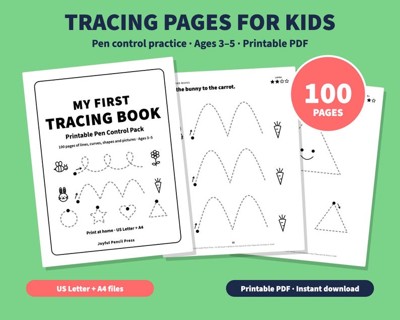 May include: A set of 100 printable tracing pages for kids titled My First Tracing Book. The pages feature pen control practice with lines, curves, shapes, and pictures of a bee, flower, bunny, and carrot. Includes US Letter and A4 files.