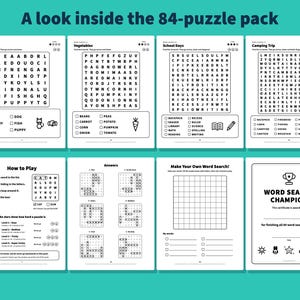 Op de afbeelding: Een verzameling van acht witte pagina's uit een 84-puzzelpakket met woordzoekers over thema's als huisdieren, groenten, schooldagen en kamperen. De pagina's bevatten instructies, antwoordsleutels, een leeg sjabloon en een woordzoeker-kampioencertificaat.