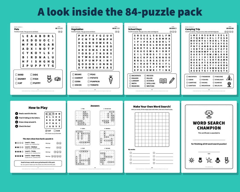 Op de afbeelding: Een verzameling van acht witte pagina's uit een 84-puzzelpakket met woordzoekers over thema's als huisdieren, groenten, schooldagen en kamperen. De pagina's bevatten instructies, antwoordsleutels, een leeg sjabloon en een woordzoeker-kampioencertificaat.