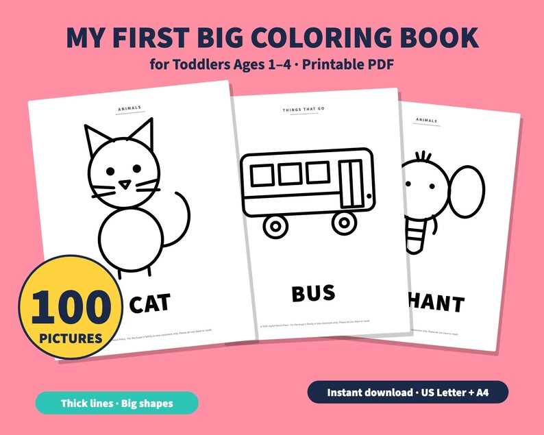 Pode incluir: Um livro de colorir digital para crian&ccedil;as pequenas intitulado MY FIRST BIG COLORING BOOK for Toddlers Ages 1-4. As p&aacute;ginas apresentam desenhos de linhas em preto e branco de um gato, um &ocirc;nibus e um elefante com o texto 100 PICTURES em um c&iacute;rculo amarelo.