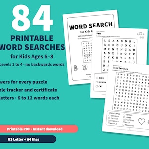 Op de afbeelding: Een verzameling van 84 printbare woordzoekers voor kinderen van 6-8 jaar, met grote letters, geen achterwaartse woorden, puzzeltrackers en certificaten. Inclusief US Letter en A4 PDF-bestanden met antwoorden voor elke puzzel.