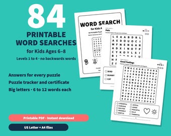 Printable Word Search for Kids Ages 6-8, 84 Word Search Puzzles, Easy to Hard, No Backwards Words, Animals Space Food, Answers Included