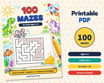 Op de afbeelding: Een printbare PDF-activiteitenboekcover getiteld 100 MAZES for Kids Ages 4-8. De cover toont een groene dinosaurus, een muis, een eenhoorn, een raket, een vis en een doolhofpuzzel met een potlood en kaas. Tekst: Easy to Hard, Levels 1-4, Answers Included, Joyful Pencil Press.