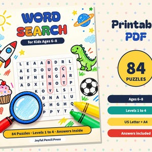 Op de afbeelding: Een woordzoekersboek voor kinderen van 6-8 jaar met de titel Word Search, voorzien van een raket, dinosaurus, cupcake, voetbal, vergrootglas en kleurpotloden. De tekst bevat 84 Puzzles, Levels 1 to 4, Answers included en Joyful Pencil Press.