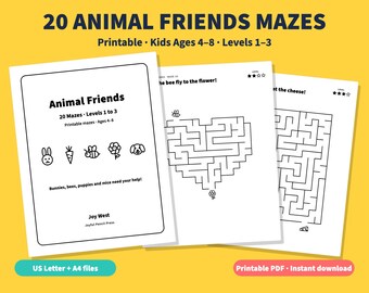 May include: A set of printable maze activity sheets titled 20 Animal Friends Mazes for ages 4-8. The pages feature black line art illustrations of animals, a heart-shaped maze, and text including Bunnies, bees, puppies and mice need your help.