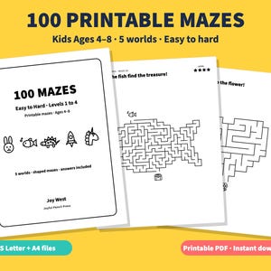 May include: A collection of 100 printable mazes for children aged 4-8, featuring five worlds with difficulty levels from easy to hard. The pages include a title sheet with icons of a rabbit, fish, dinosaur, rocket, and unicorn, plus sample maze pages.