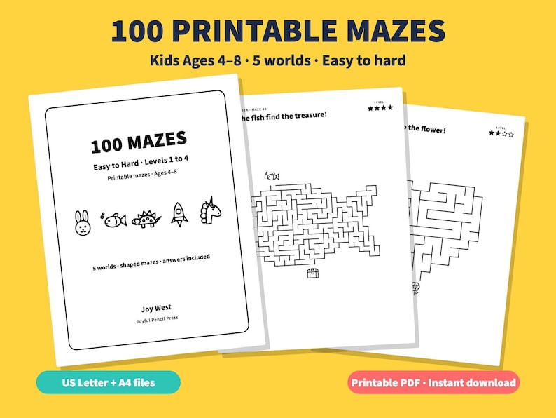 May include: A collection of 100 printable mazes for children aged 4-8, featuring five worlds with difficulty levels from easy to hard. The pages include a title sheet with icons of a rabbit, fish, dinosaur, rocket, and unicorn, plus sample maze pages.