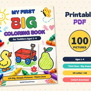 Livro de colorir imprimível para crianças pequenas, 100 páginas grandes e simples para colorir, idades de 1 a 4 anos, primeiras páginas para colorir em PDF, linhas grossas, animais, comida e veículos. imagem 1