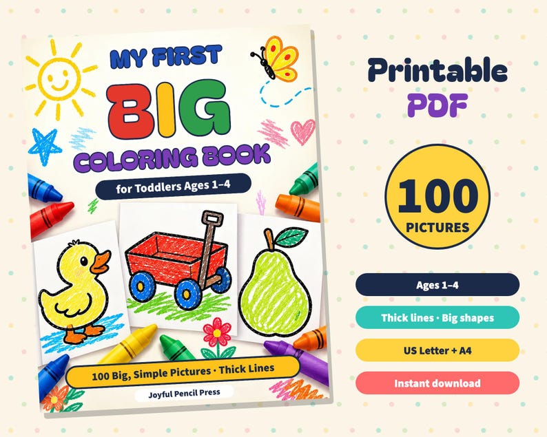 Livro de colorir imprimível para crianças pequenas, 100 páginas grandes e simples para colorir, idades de 1 a 4 anos, primeiras páginas para colorir em PDF, linhas grossas, animais, comida e veículos. imagem 1