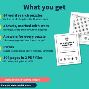 Op de afbeelding: Een digitale downloadset met 84 woordzoekers in 8x8 tot 14x14 rasters, 4 moeilijkheidsgraden, antwoordsleutels en extra's zoals een puzzeltracker en certificaat. 104 pagina's in twee PDF-bestanden, US Letter en A4.