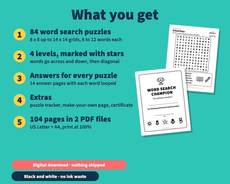 Op de afbeelding: Een digitale downloadset met 84 woordzoekers in 8x8 tot 14x14 rasters, 4 moeilijkheidsgraden, antwoordsleutels en extra's zoals een puzzeltracker en certificaat. 104 pagina's in twee PDF-bestanden, US Letter en A4.