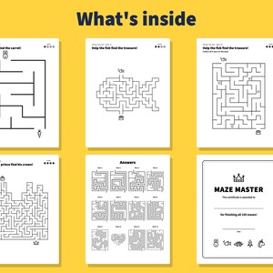 May include: Six white activity sheets featuring black line art mazes, including tasks like helping a bunny find a carrot and a fish find treasure. One sheet provides maze answers, and another is a Maze Master certificate with icons.
