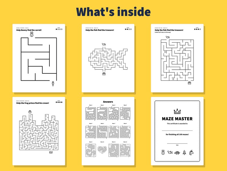May include: Six white activity sheets featuring black line art mazes, including tasks like helping a bunny find a carrot and a fish find treasure. One sheet provides maze answers, and another is a Maze Master certificate with icons.