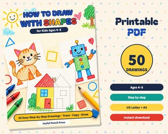 Printable How to Draw for Kids Ages 4-8, 50 Easy Step by Step Drawing Worksheets with Shapes, Trace and Draw Pages, Animals and Vehicles