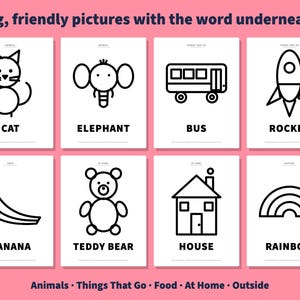 Pode incluir: Um conjunto de oito cart&otilde;es educativos com desenhos de linhas pretas em fundos brancos. Os cart&otilde;es apresentam um gato, elefante, autocarro, foguet&atilde;o, banana, urso de peluche, casa e arco-&iacute;ris, com o nome impresso em texto preto.