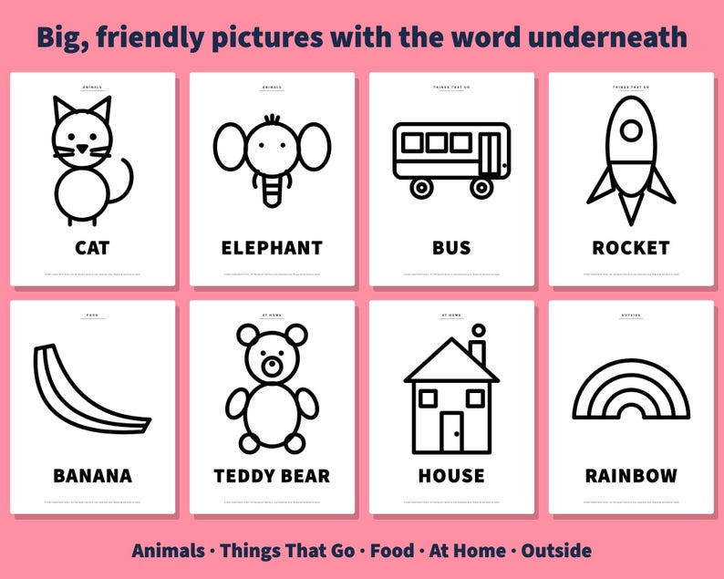 Pode incluir: Um conjunto de oito cart&otilde;es educativos com desenhos de linhas pretas em fundos brancos. Os cart&otilde;es apresentam um gato, elefante, autocarro, foguet&atilde;o, banana, urso de peluche, casa e arco-&iacute;ris, com o nome impresso em texto preto.